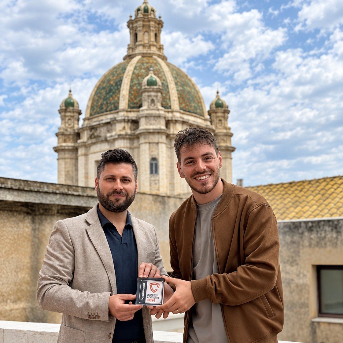 Due persone mostrano il logo Impresa Aderente 2026 su una terrazza, con una cupola maiolicata sullo sfondo