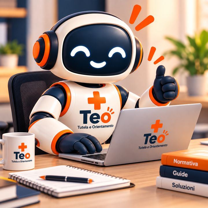 Teo, l'assistente digitale di +Tutela, alla scrivania davanti al computer, con il pollice alzato
