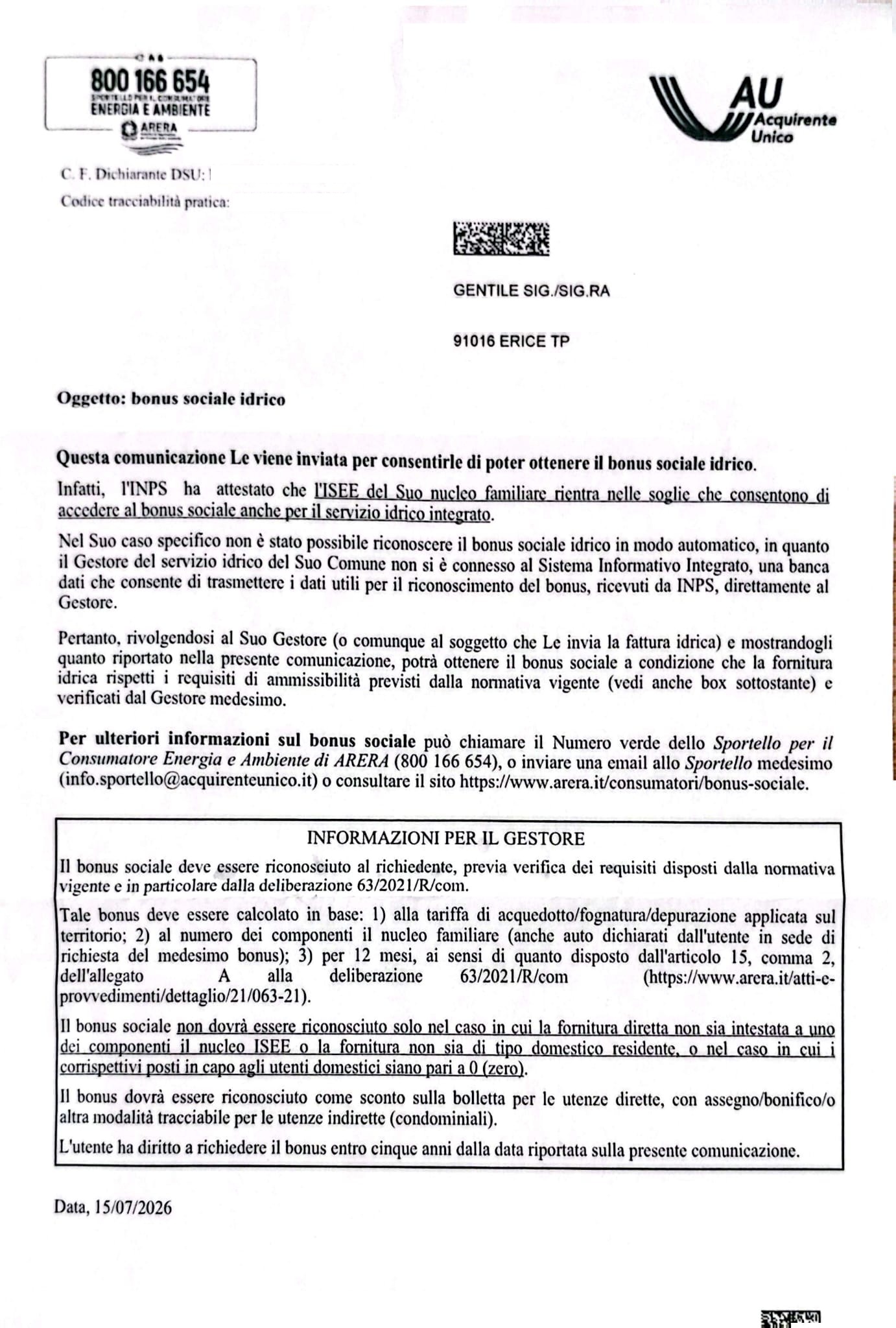 Lettera AU bonus idrico